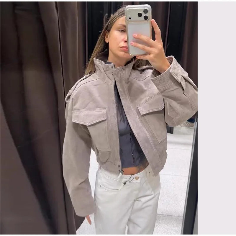 Women's Utility Bomber in Gray Suede Look