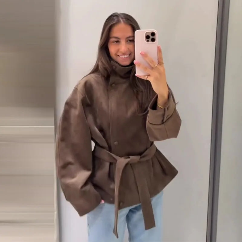 Women's Brown Jacket with Tie Waist