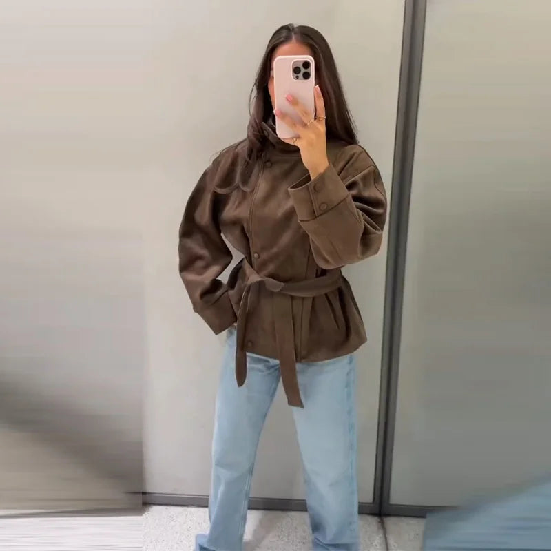 Women's Brown Jacket with Tie Waist