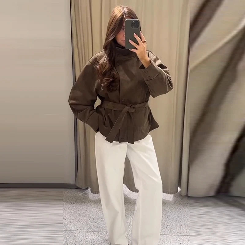 Women's Brown Jacket with Tie Waist