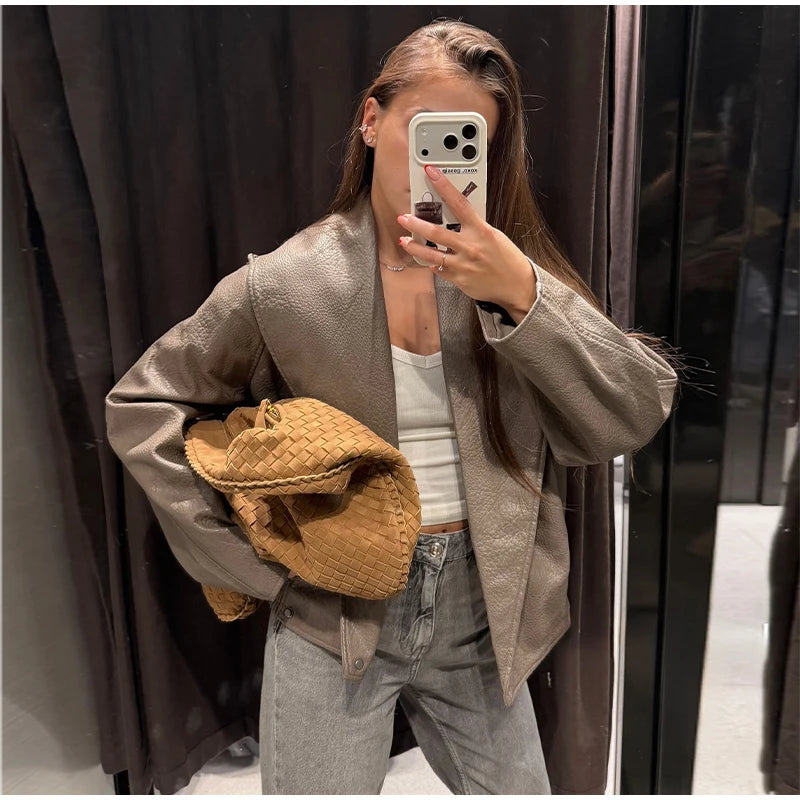Women's Utility Bomber in Gray Suede Look