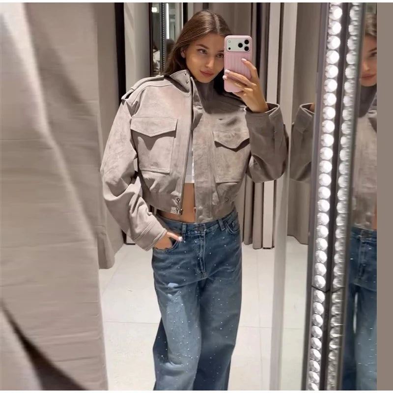 Women's Utility Bomber in Gray Suede Look