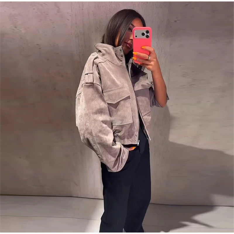Women's Utility Bomber in Gray Suede Look