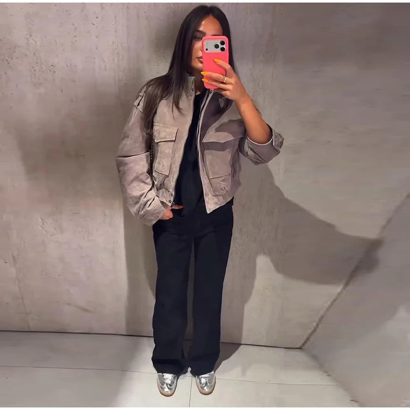 Women's Utility Bomber in Gray Suede Look