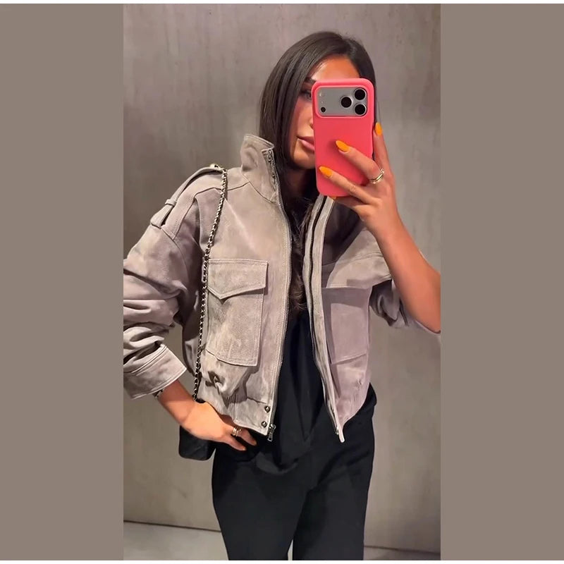 Women's Utility Bomber in Gray Suede Look