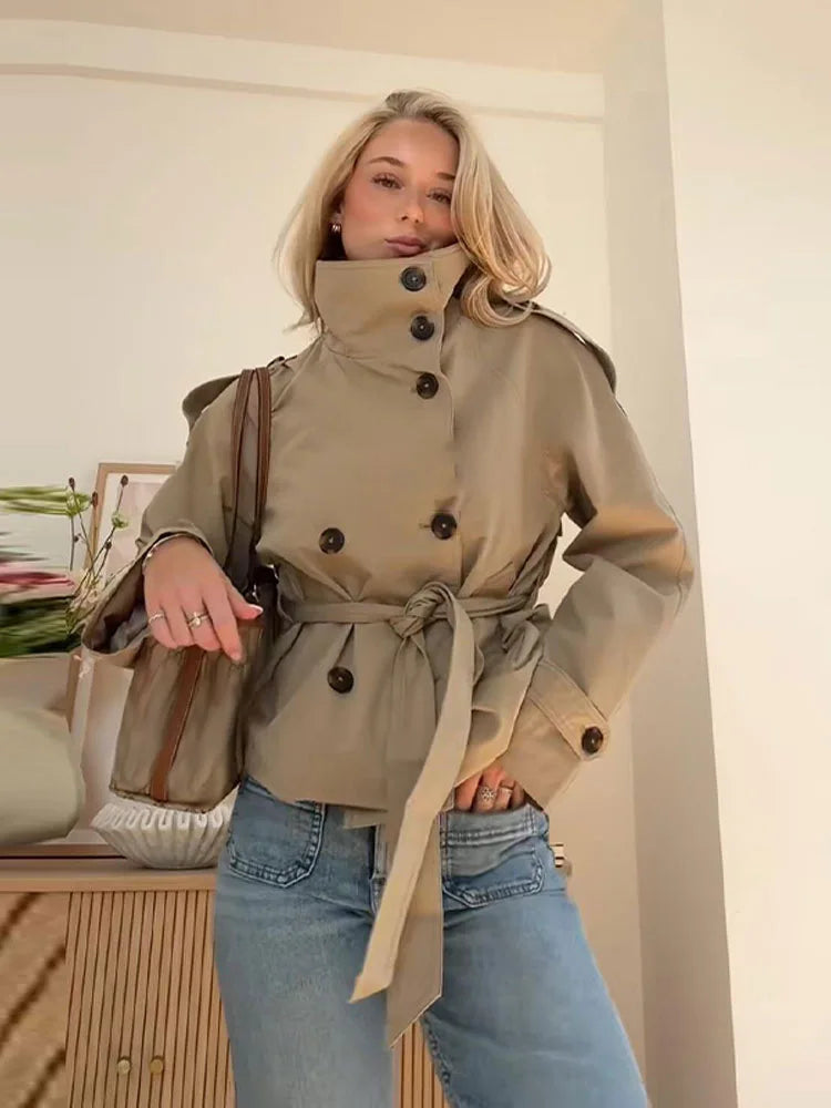 Women's Belted Short Trench in Khaki