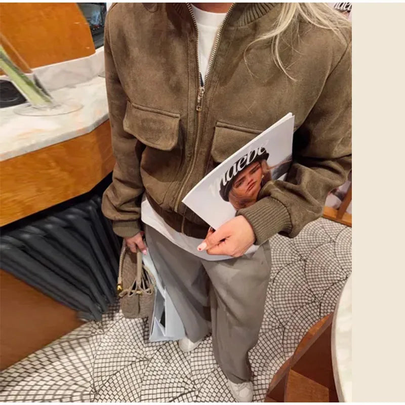 Women's Brown Bomber in Suede Look