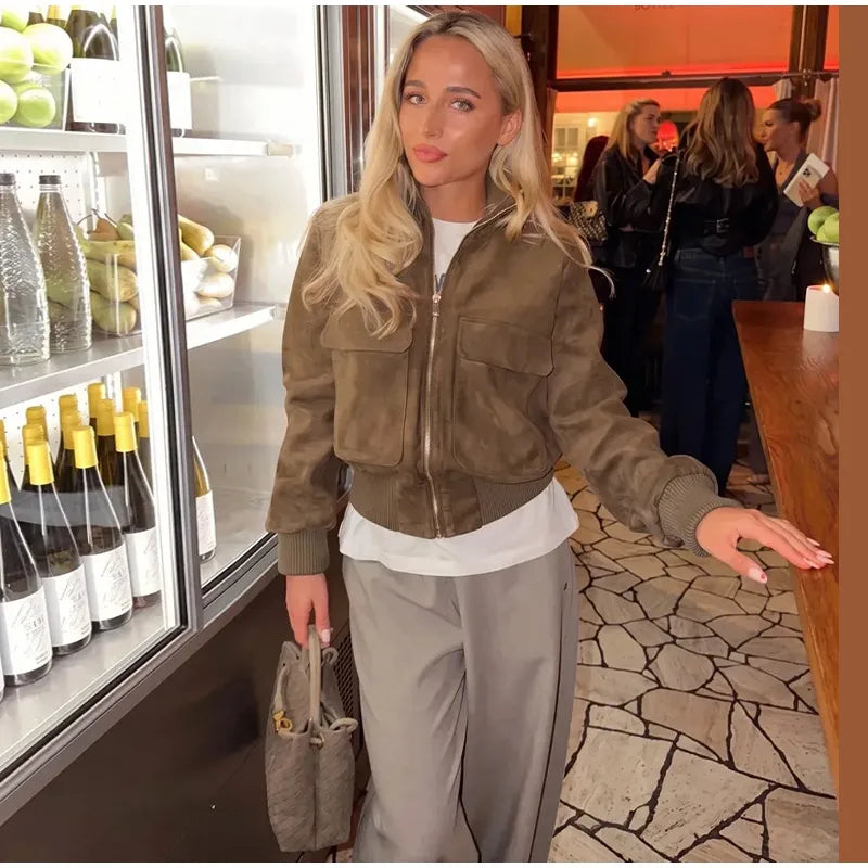 Women's Brown Bomber in Suede Look