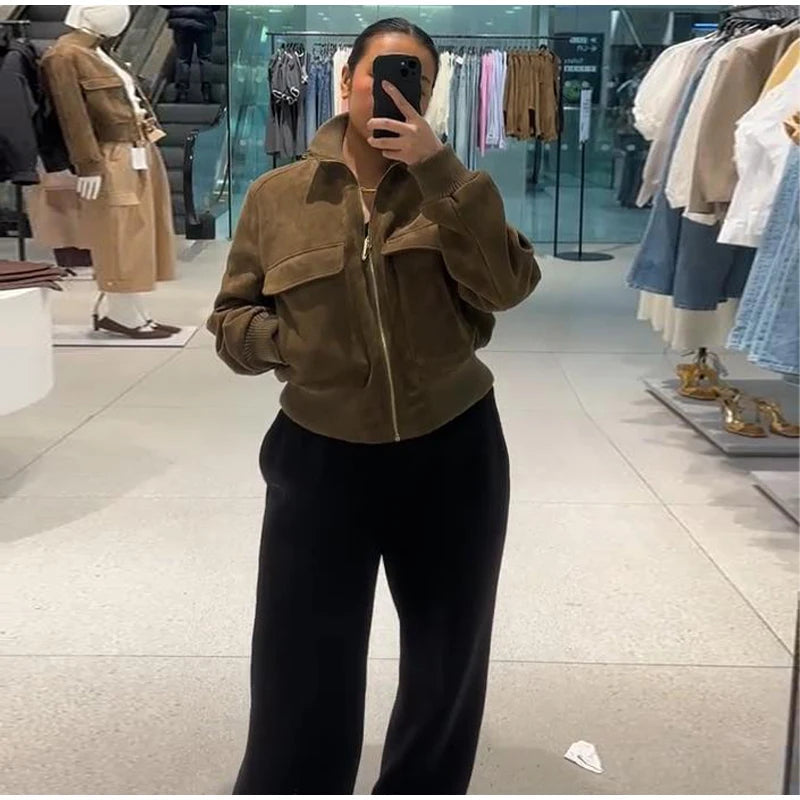 Women's Dark Brown Bomber with Stand Collar