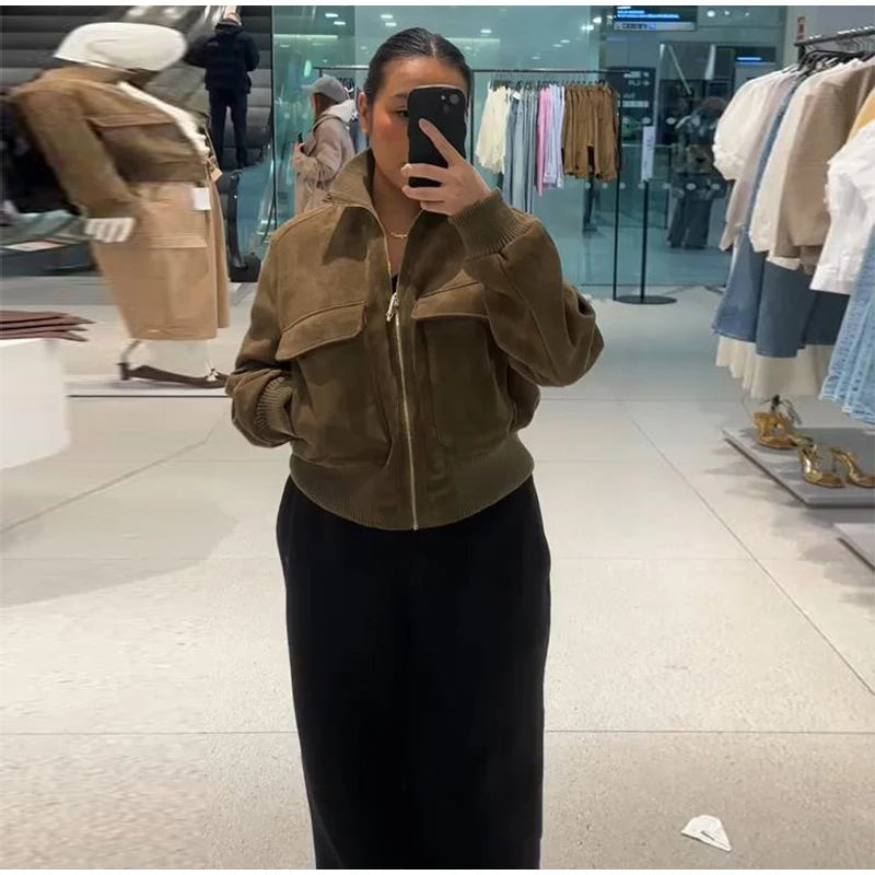 Women's Dark Brown Bomber with Stand Collar
