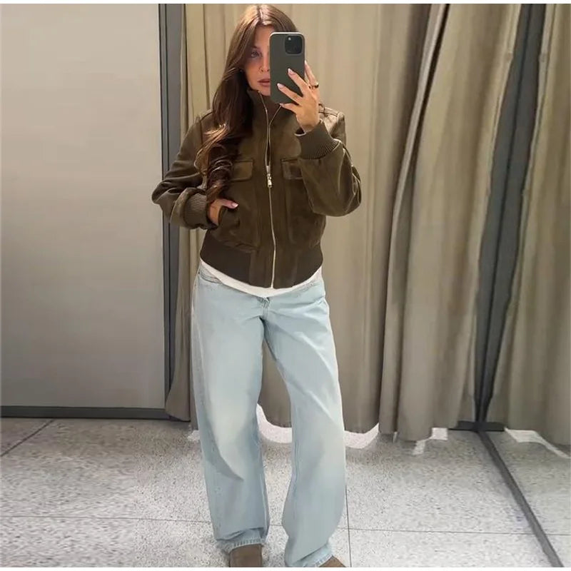 Women's Dark Brown Bomber with Stand Collar
