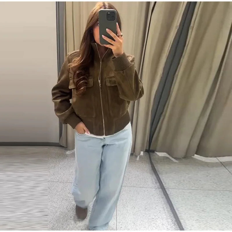 Women's Dark Brown Bomber with Stand Collar