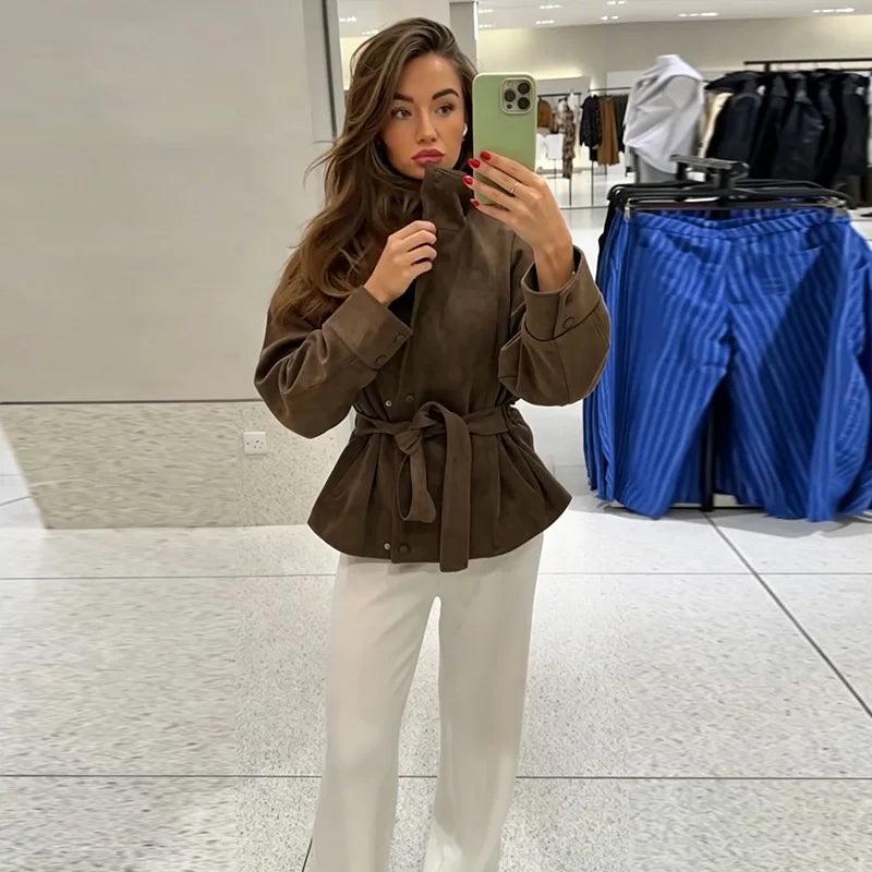Women's Brown Jacket with Tie Waist