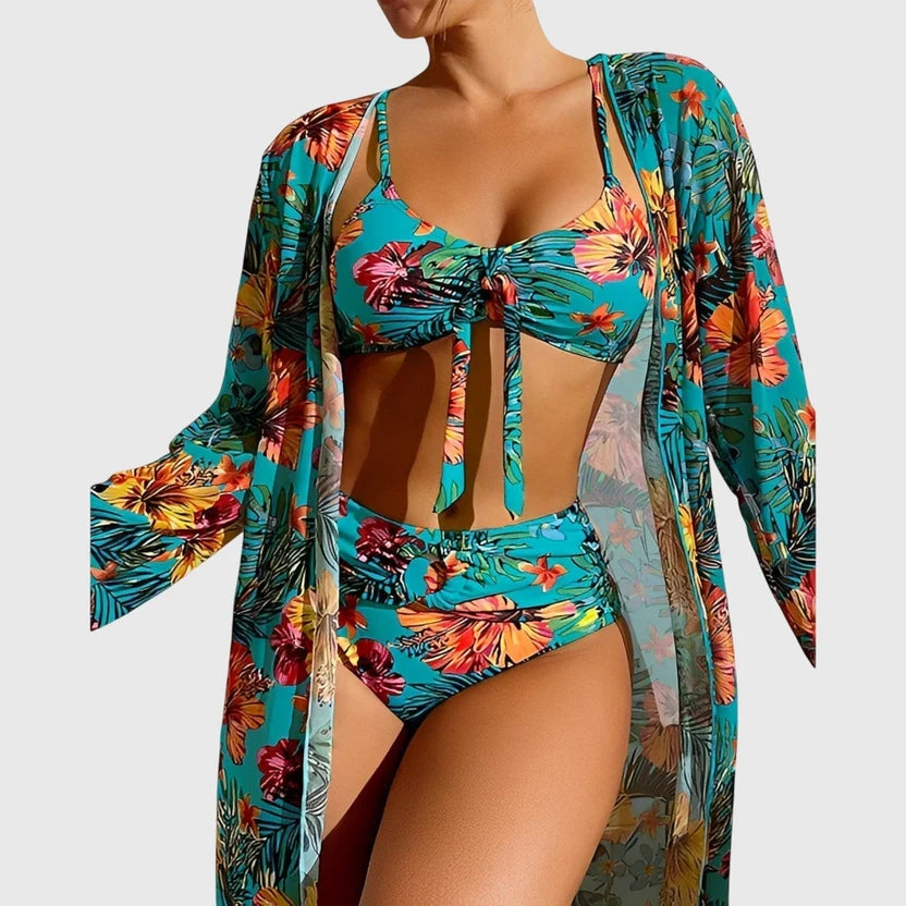 Tropical Floral High Waisted 3 Piece Bikini Set
