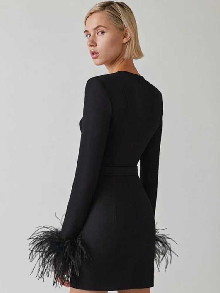 Women's Fitted Mini Dress with Feathered Cuffs