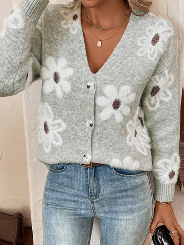 Women's Floral V Neck Button Front Cardigan