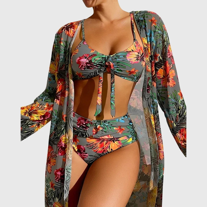 Tropical Floral High Waisted 3 Piece Bikini Set