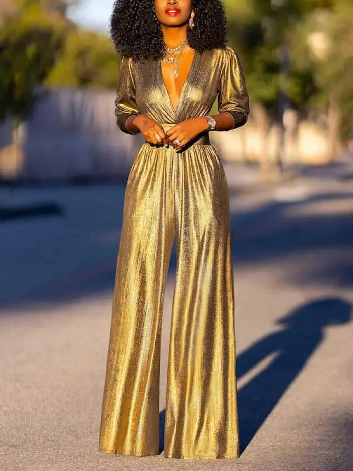 Women's Deep V Neck Shiny Wide Leg Jumpsuit