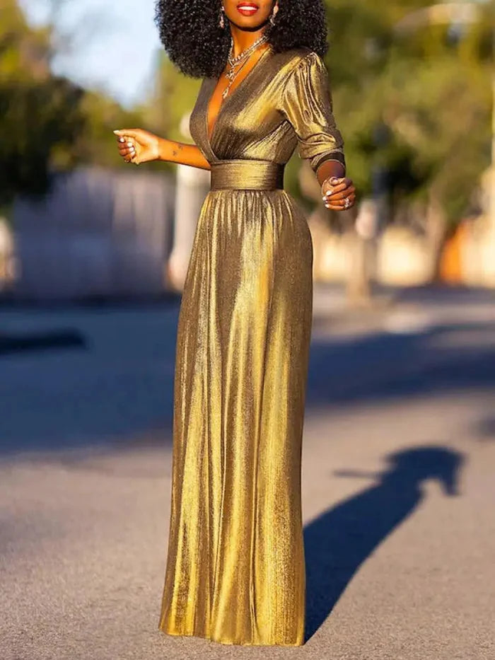 Women's Deep V Neck Shiny Wide Leg Jumpsuit