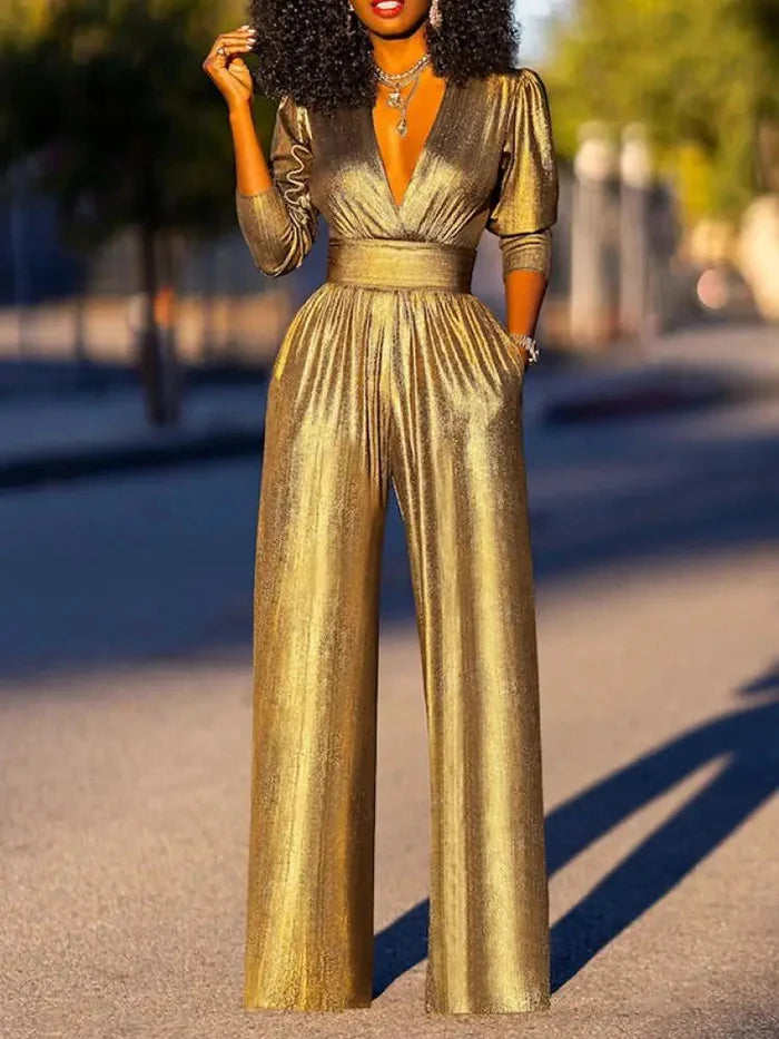 Women's Deep V Neck Shiny Wide Leg Jumpsuit