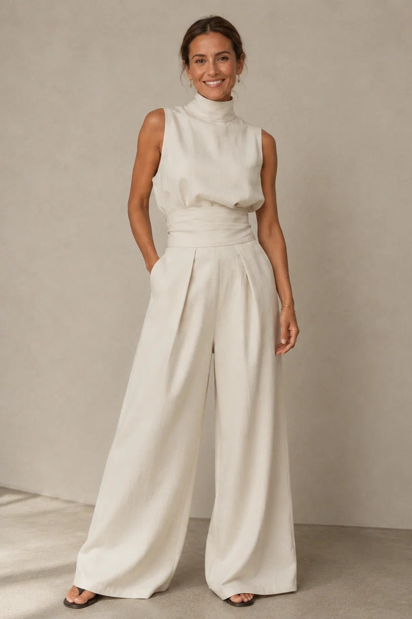 Women's Mock Neck Wide Leg Jumpsuit with Pleated Waist