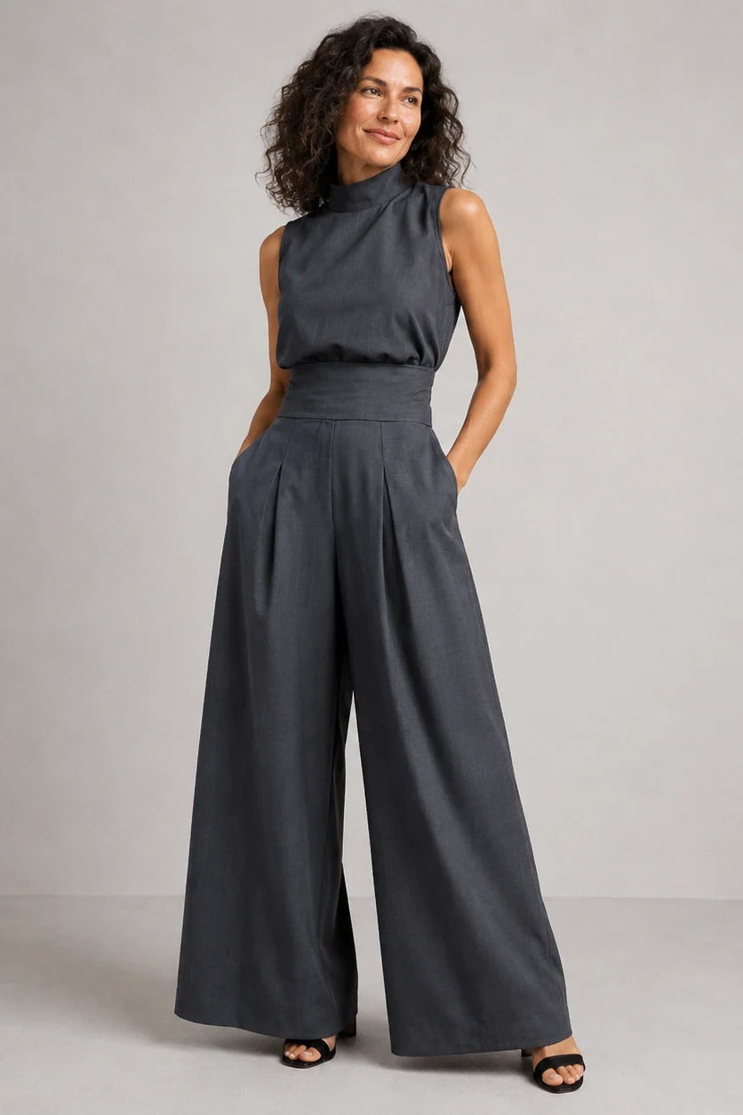 Women's Mock Neck Wide Leg Jumpsuit with Pleated Waist
