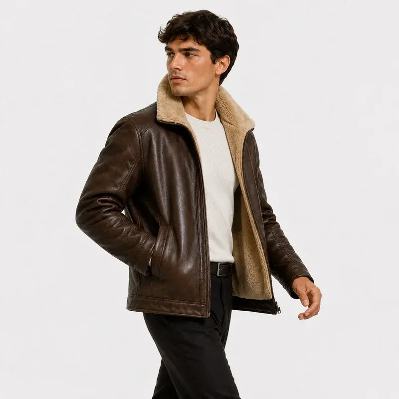 The Napa Valley Men’s Shearling Collar Zip Jacket - Brown