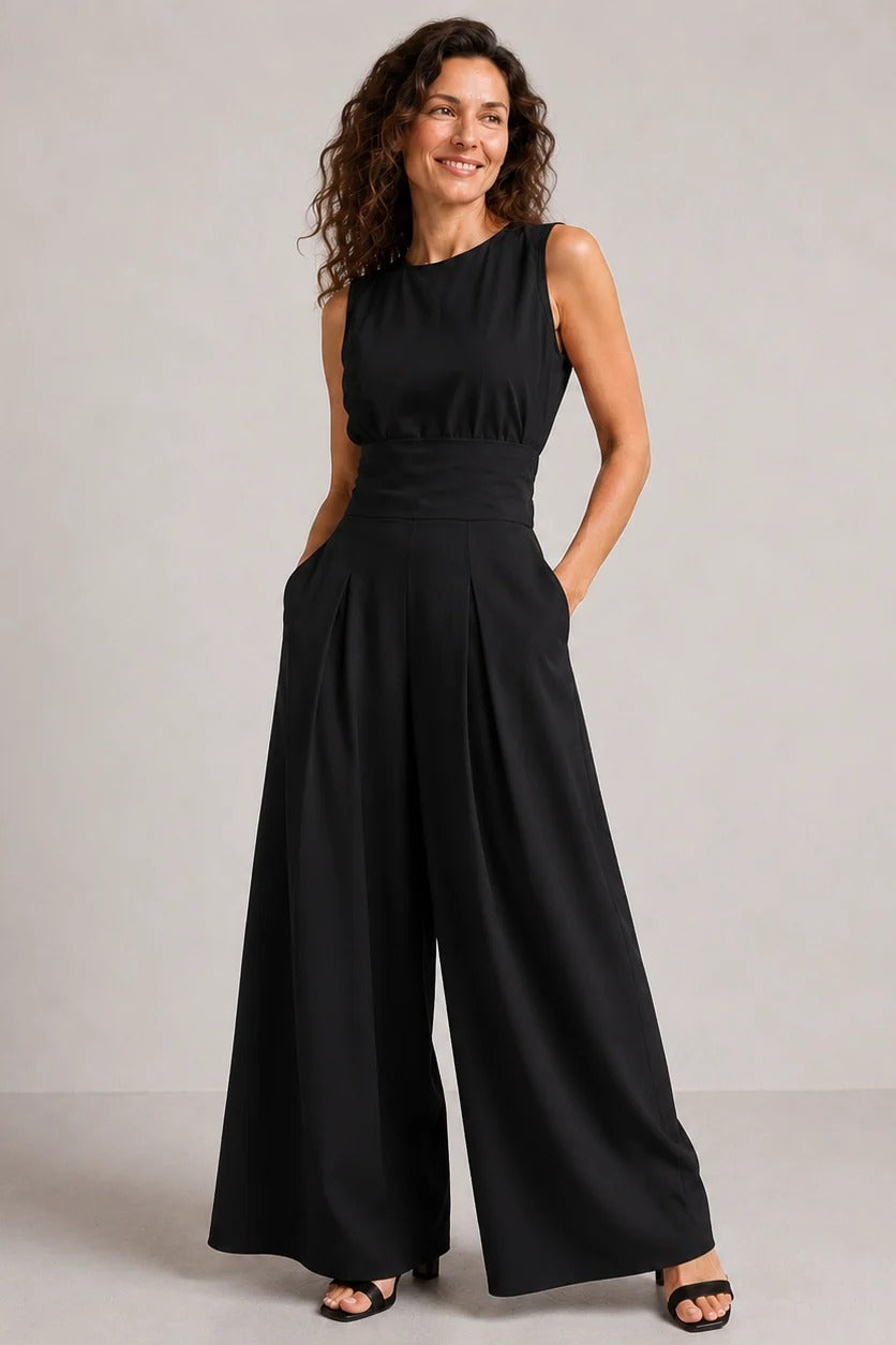 Women's Mock Neck Wide Leg Jumpsuit with Pleated Waist