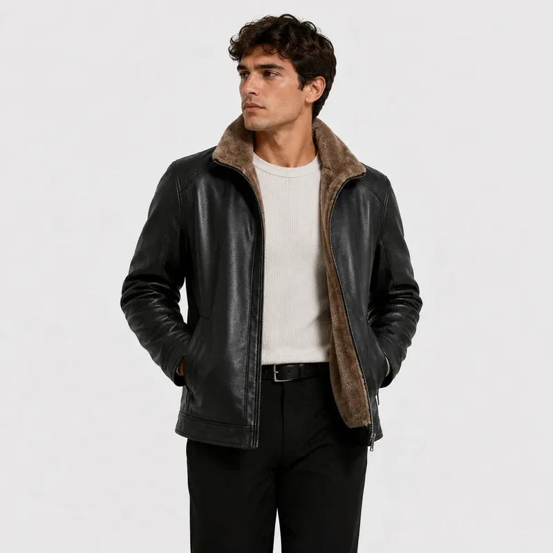The Napa Valley Men’s Shearling Collar Zip Jacket - Black