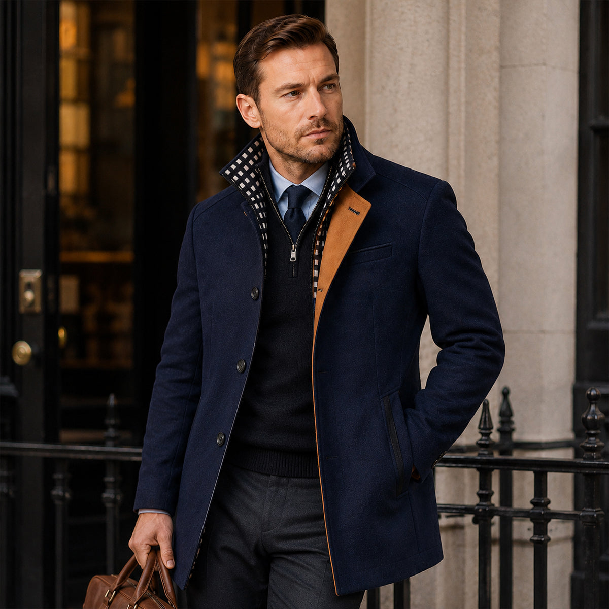 The Blenheim Men's Smart Casual Wool Trench Coat with Stand Collar