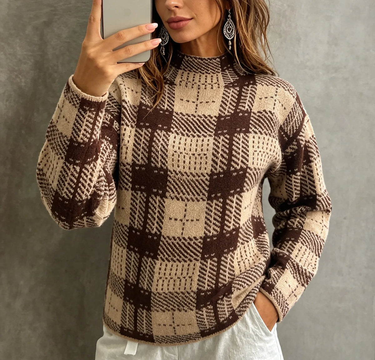 Women's Check Knit Top with Mock Neck