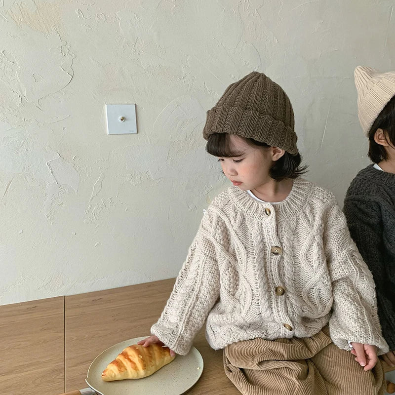 SoHo Kids Chunky Button Up Cable Knit Sweater in Beige