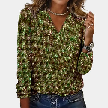 Women's Glitter V Neck Long Sleeve Top