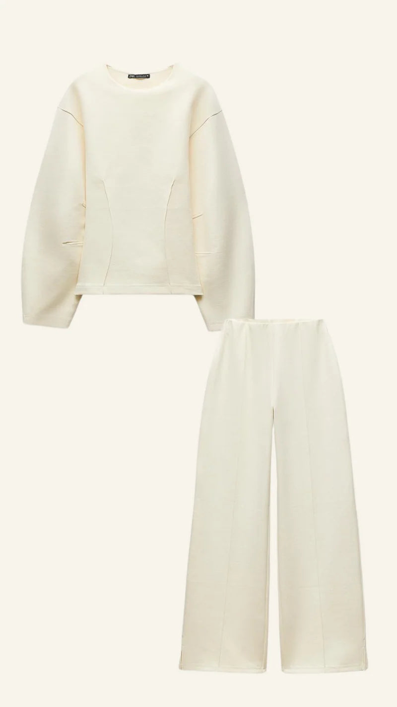 Women's Balloon Sleeve Fitted Top and Wide Leg Pants Set