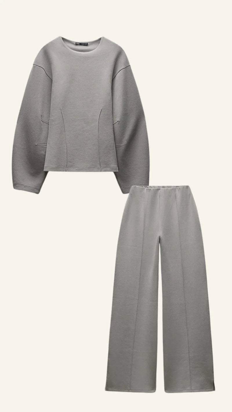 Women's Balloon Sleeve Fitted Top and Wide Leg Pants Set