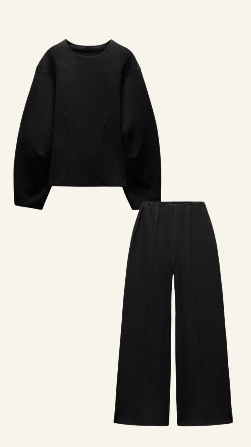Women's Balloon Sleeve Fitted Top and Wide Leg Pants Set