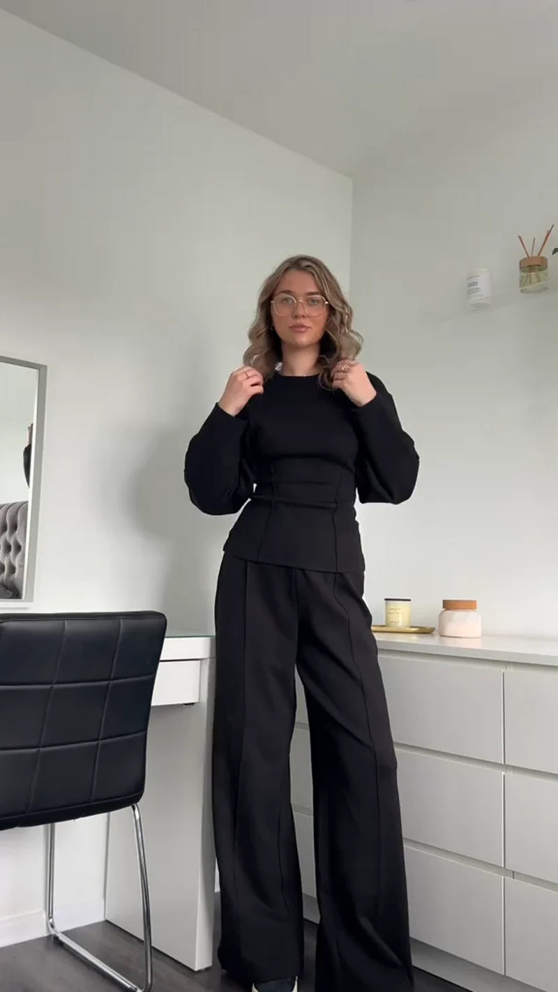 Women's Balloon Sleeve Fitted Top and Wide Leg Pants Set