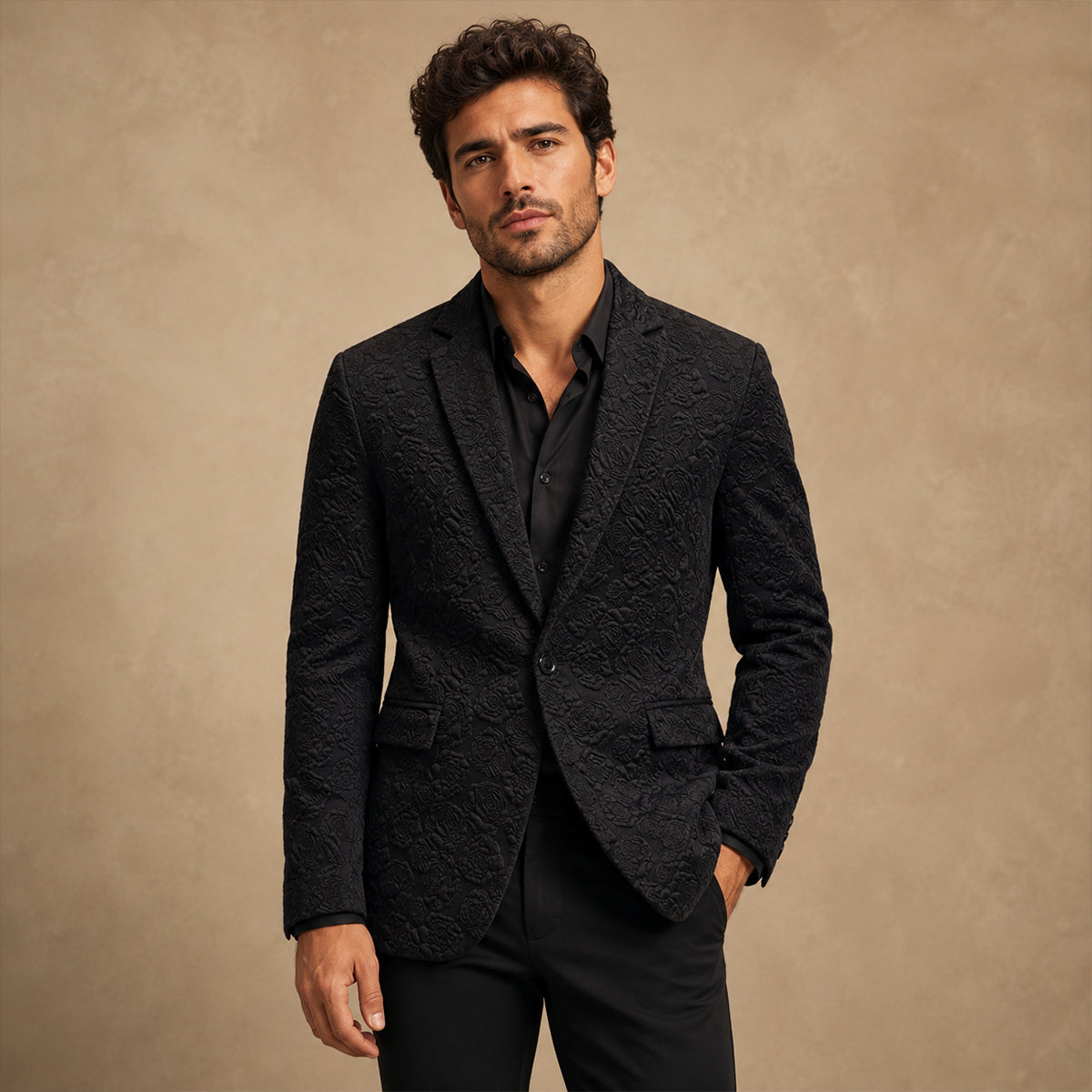 The Ashenford Men’s Slim Fit Rose Pattern Business Blazer – Black