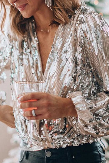 Silver Sequin V Neck Top