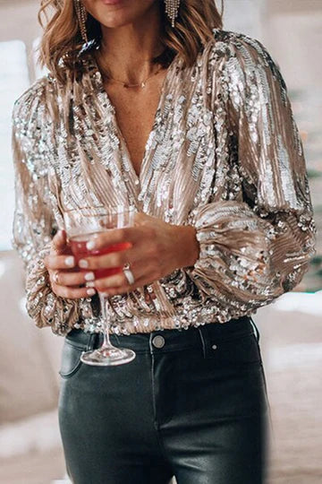 Silver Sequin V Neck Top