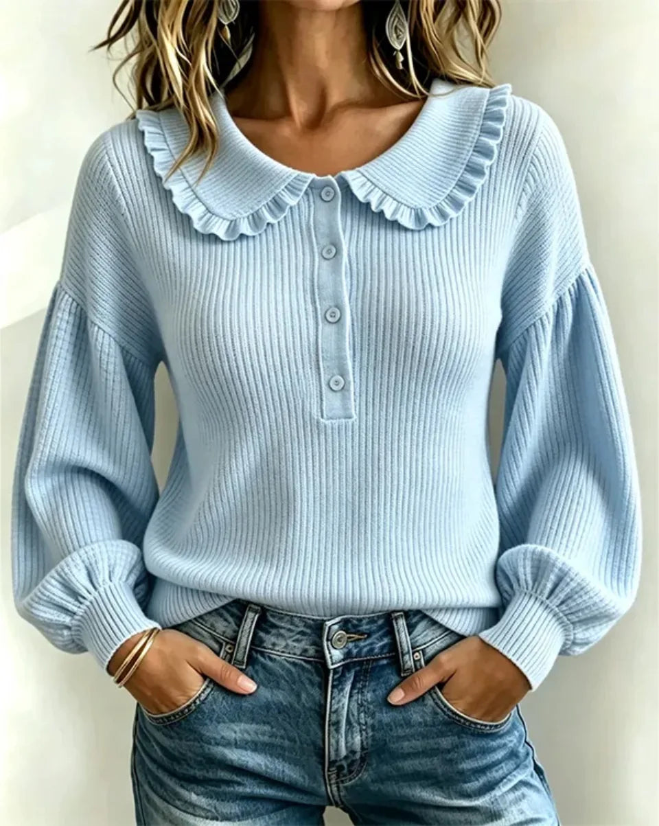 Women's Ribbed Top with Ruffled Collar