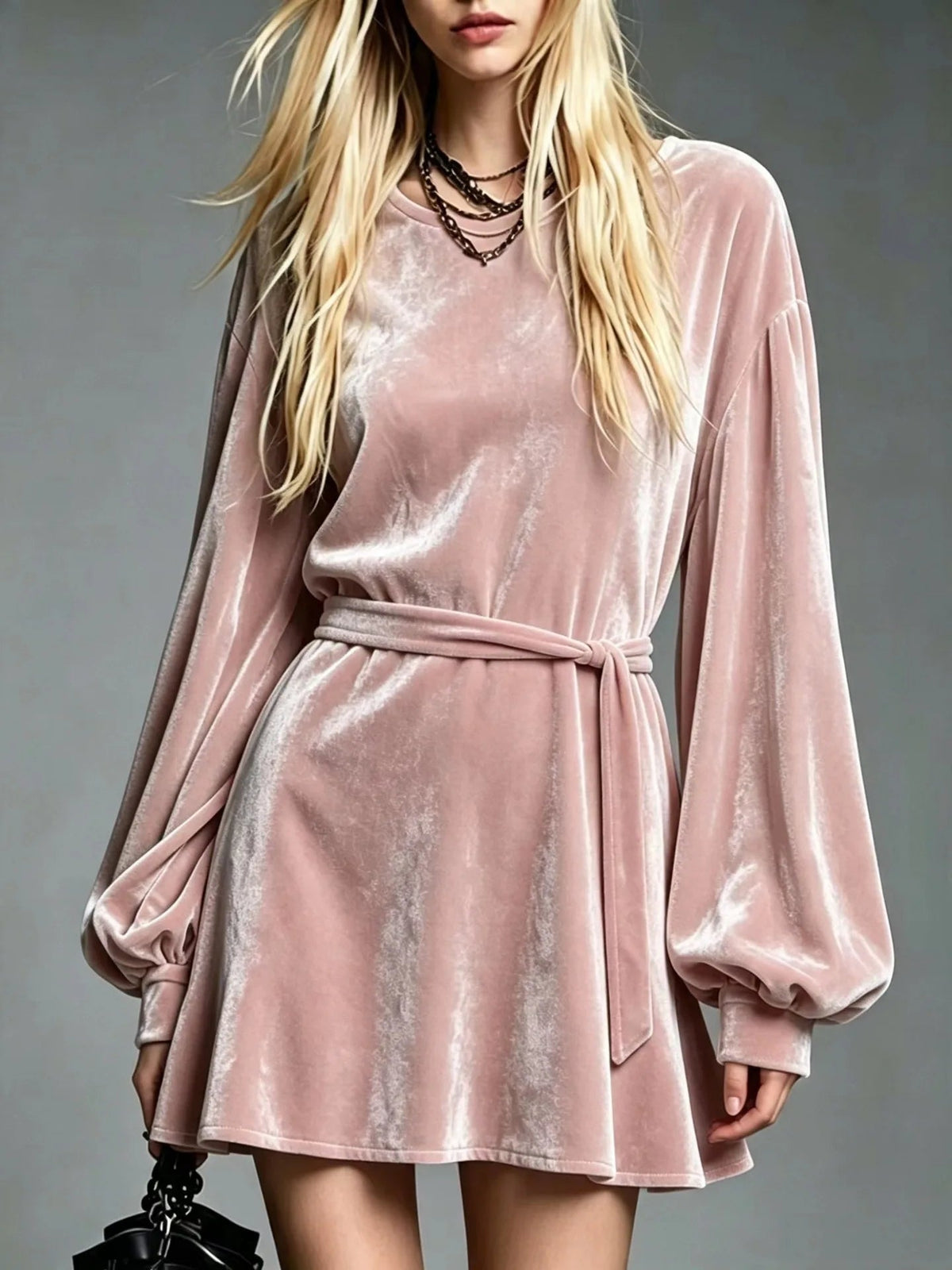 Women's Velvet Dress with Belt, A Line