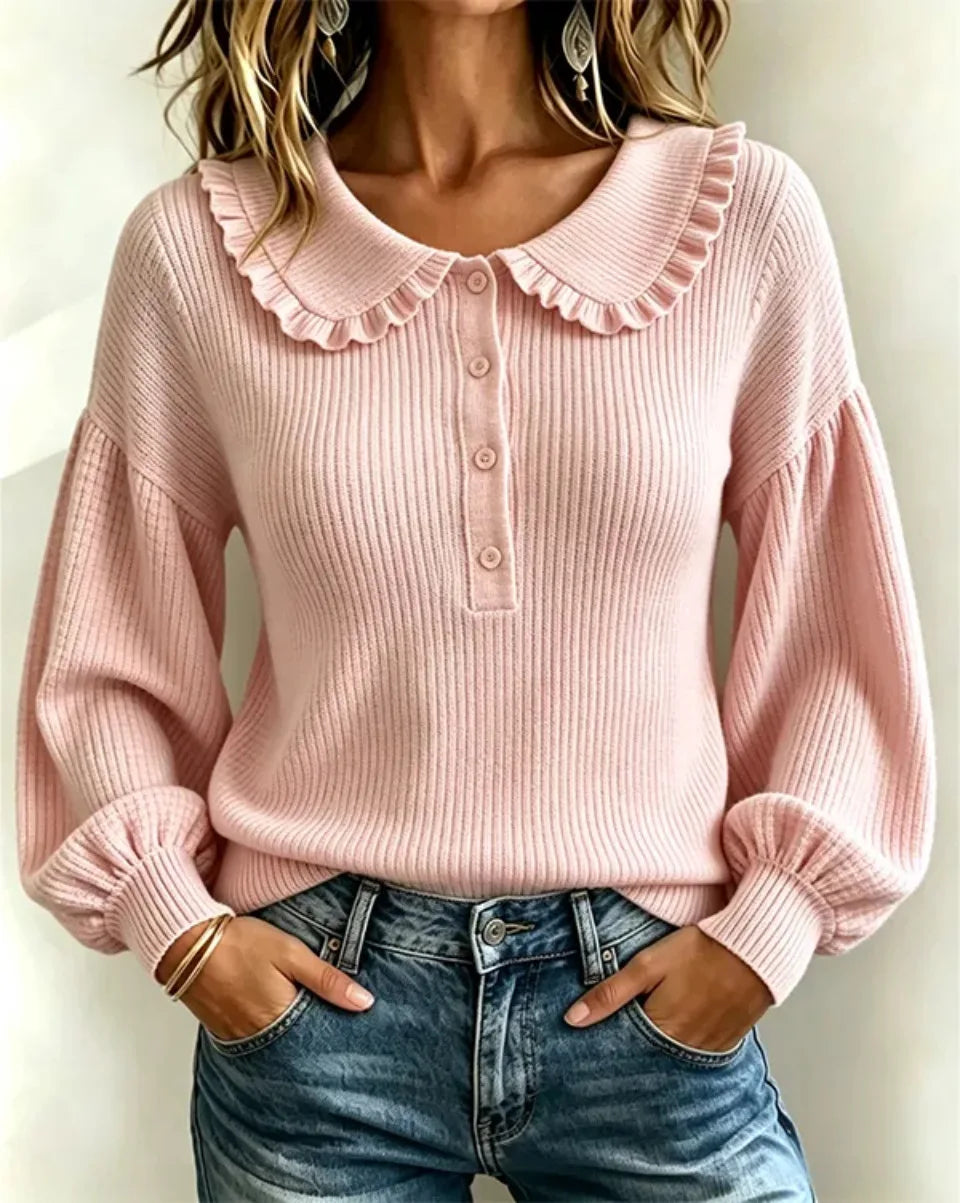 Women's Soft Knit Top with Frill Collar