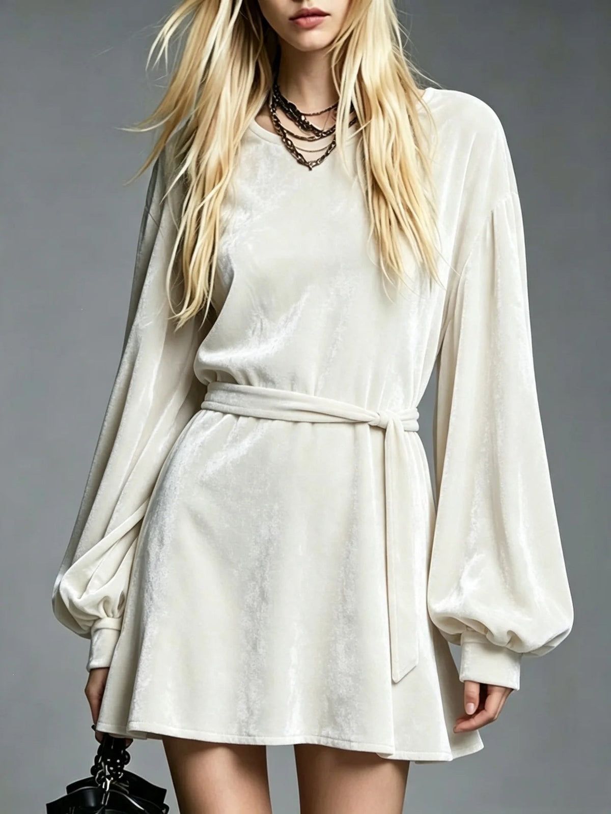 Women's Velvet Dress with Belt, A Line