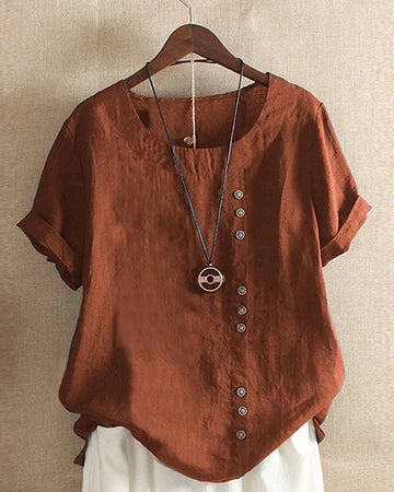 Women's Round Neck Short Sleeve Top with Button Detail