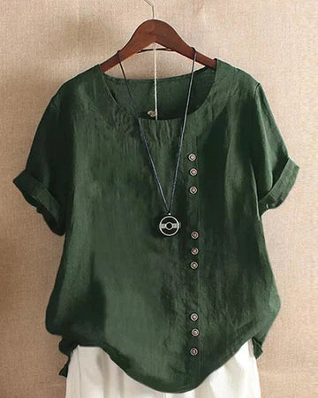 Women's Round Neck Short Sleeve Top with Button Detail