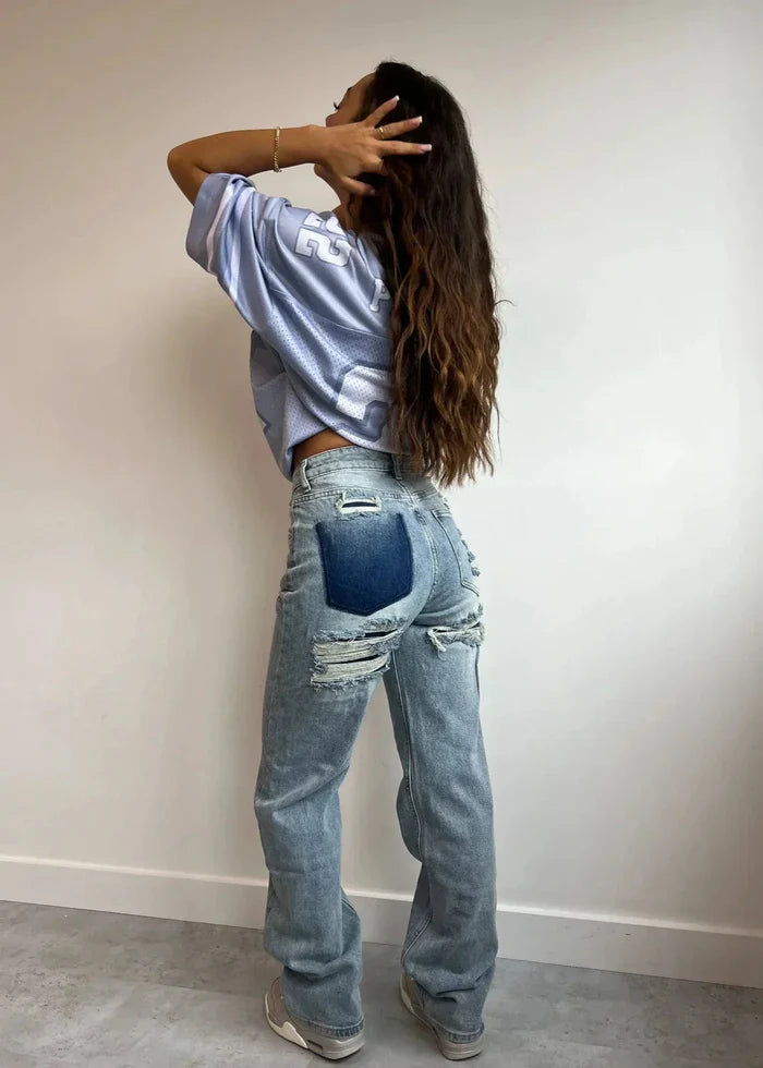 Women's Vintage Distressed Wide Leg Jeans with Ripped Detail