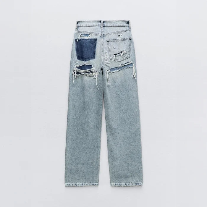 Women's Vintage Distressed Wide Leg Jeans with Ripped Detail