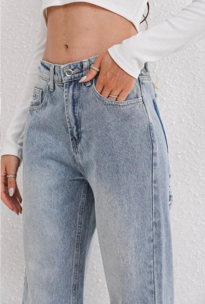 Women's Vintage Distressed Wide Leg Jeans with Ripped Detail