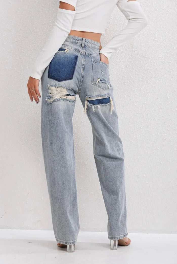 Women's Vintage Distressed Wide Leg Jeans with Ripped Detail